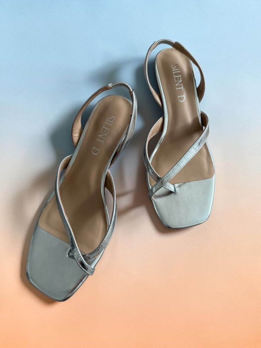 SILENT D Silver Slingback Sandals Heels Size 38 / US 8 NEW NWOB